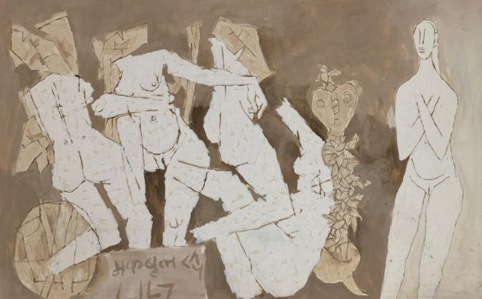 MAQBOOL FIDA HUSAIN (1913-2011)Untitled (Naga)signed in Hindi and inscribed in Urdu (lower left)oil on canvas73½ x 115¼ in. (186.7 x 292.7 cm.) Painted circa 1971