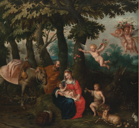 752 BALEN, JAN VAN (ATTR.)ANTWERPEN 1611 - 1654 41 x 44 cmDie Ruhe auf der Flucht. Die Heilige Familie von Engeln begleitet. Öl/Holz