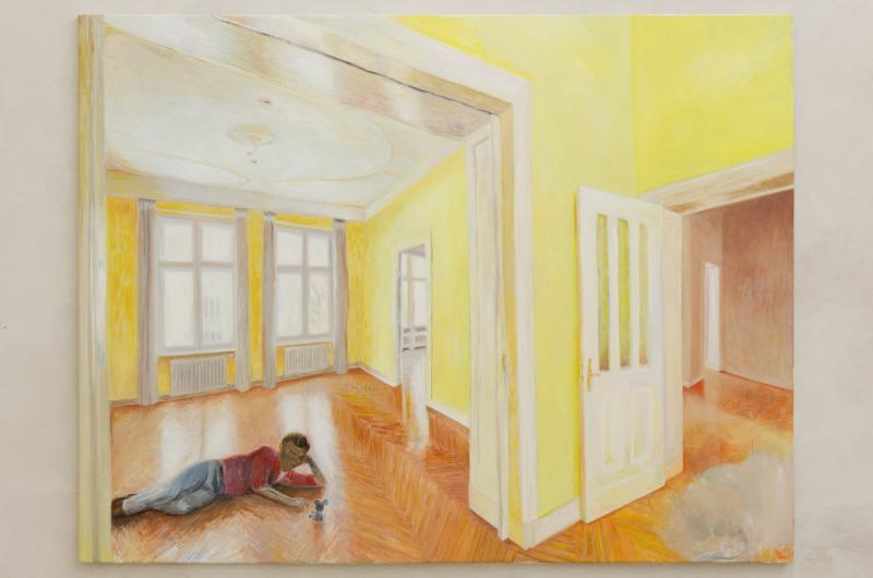 Billy Coulthurst, „James Dean and Mickey Mouse in yellow apartment“, oil on linen, 115 x 150 cm, 2023