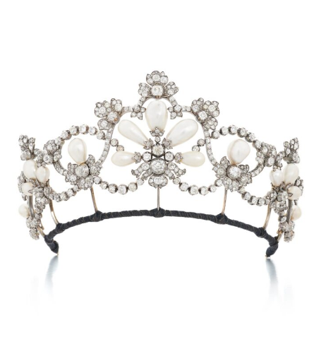 From the Collection of Princess Maria Immaculata of Bourbon-Two Sicilies, Archduchess of Austria-Tuscany (1844-1899) Köchert  Historical and important natural pearl and diamond tiara VAT applies to hammer price and buyer's premium   Estimate  270,000 - 450,000 CHF  Bid  190,000 CHF