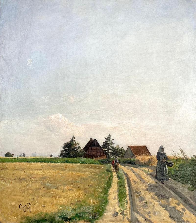 Otto Modersohn, Feldweg bei Münster, 1887, Öl auf Papier_Karton, 51,5 x 45,2 cm, monogrammiert und datiert O.M. Aug 87, verso handschriftlich (rot) Tille 51. und mit Bleistift K. 3705 Courtes