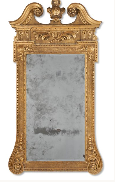 A GEORGE II GILTWOOD AND GILT-GESSO MIRROR IN THE MANNER OF WILLIAM AND JOHN LINNELL, CIRCA 1740, Starting Bid USD 5,000 Estimate USD 7,000 - USD 10,000