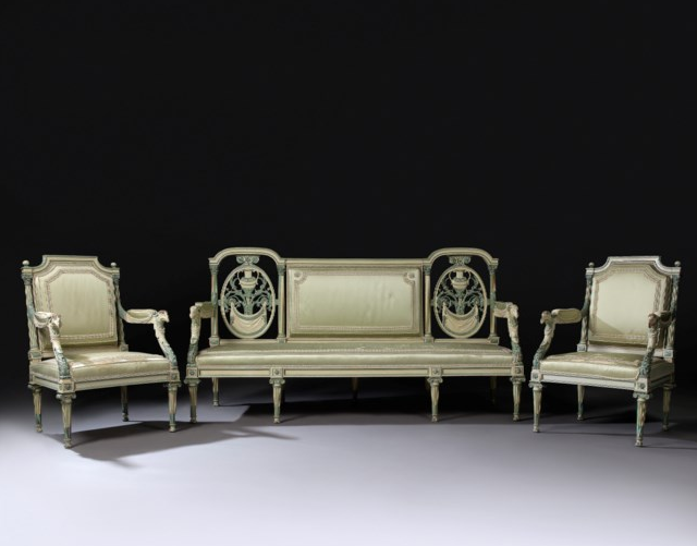 Lot 13 A SUITE OF LATE LOUIS XVI WHITE AND GREEN-PAINTED SEAT FURNITURE  ATTRIBUTED TO GEORGES JACOB, CIRCA 1785-90 EstimateGBP 30,000 - 50,000 Starting bidGBP 26,000