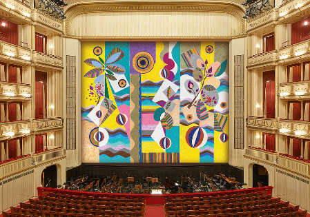 Beatriz Milhazes, Pink Sunshine, 2021, Eiserner Vorhang, museum in progress, Wiener Staatsoper, 2021/2022, Großbild