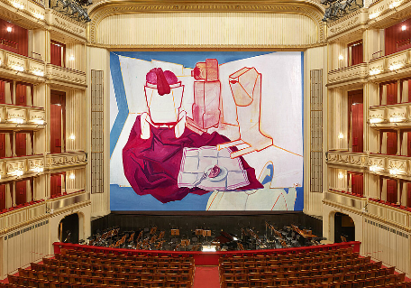 Maria Lassnig, Frühstück mit Ohr, 2005, Eiserner Vorhang, museum in progress, Wiener Staatsoper, 2005/2006, Großbild