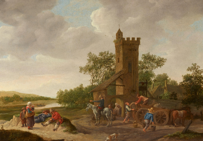 Lot 2055 Jan Steen - Landschaft an einem Fluss und mit einem Turm, davor be- oder entladen Männer einen Karren sowie weitere Figuren, darunter ein Reiter, eine Mutter mit Kindern und zwei rastende Männer