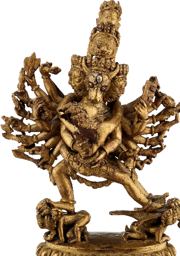 82 Figur des Vajrabhair, Nepal um 1900. Bronze vergoldet, Urna des Stierkopfes in Silber eingelegt. Auf einem separat gegossenen, einfachen Lotussockel. Tantrische Gottheit mit neun Köpfen und zwanzig Armen in "yab-yum"-Vereinigung mit seiner Shakti. Auf Göttern und Tieren stehend, am Rücken eine Elefantenhaut. Sockelplatte aus Kupfer mit Doppelvajra. Alters- und Gebrauchsspuren, Schätzpreis: CHF2,500