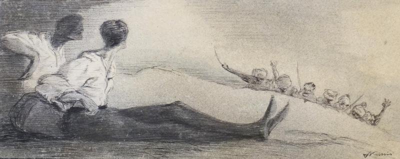 Alfred Kubin, Überfall um 1900 Tusche und Spritztechnik auf Büttenpapier 83 × 207 mm (3,3 × 8,1 in)