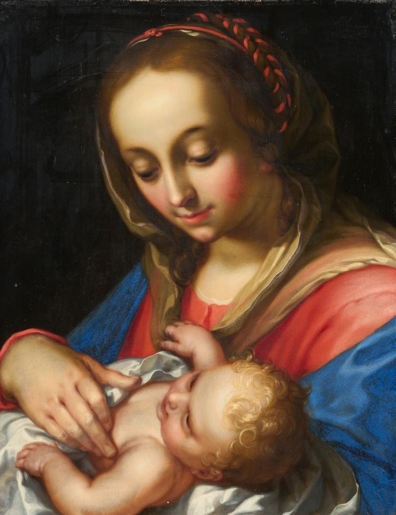 Abraham Bloemaert (1564 – 1651) Madonna mit Kind | 1617 | Öl auf Holz | 43 x 34 cm Ergebnis: € 92.500