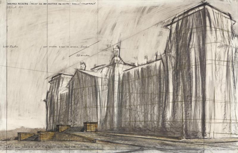 Christo Wrapped Reichstag 1977 Farbkreide, Kohle auf Karton 106,5 x 165 cm Schätzpreis € 100/150.000