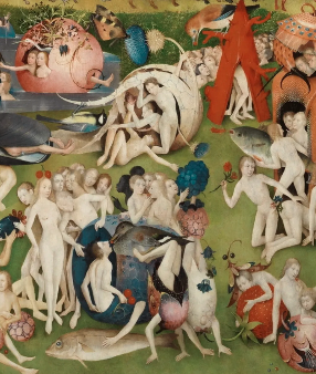 Hieronymus Bosch The Garden of Earthly Delights, 1490—1510 (detail) Oil on oak panels 205.5 cm × 384.9 cm (81 in × 152 in) Museo del Prado. (This link opens in a new tab)., Madrid