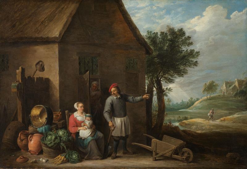 Husbandman at a Cottage Door with a Seated Woman and Child, David Teniers (II), c. 1650- c. 1655. On loan from the City of Amsterdam (A. van der Hoop Bequest)