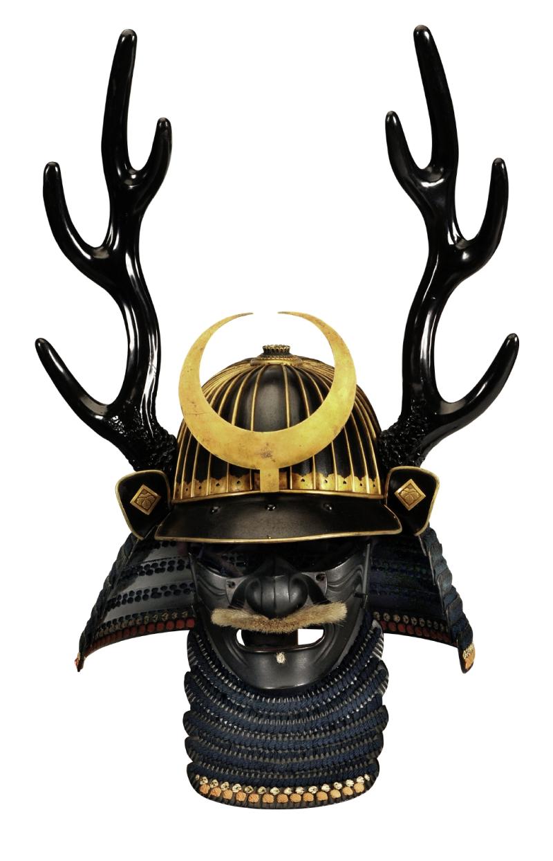 Helm mit Hirschgeweih und Mondsichel, Nackenschutz und HalbmaskeJapan, Edo-Zeit, 18. Jh.Eisen, teilweise vergoldet, Schwarzlack, H. 50,2 cm, B. 40,8 cmSammlung Museum für Kunst und Gewerbe HamburgErworben mit Mitteln der Campe’schen Historischen Kunststiftung aus der Sammlung Walter Gebhard