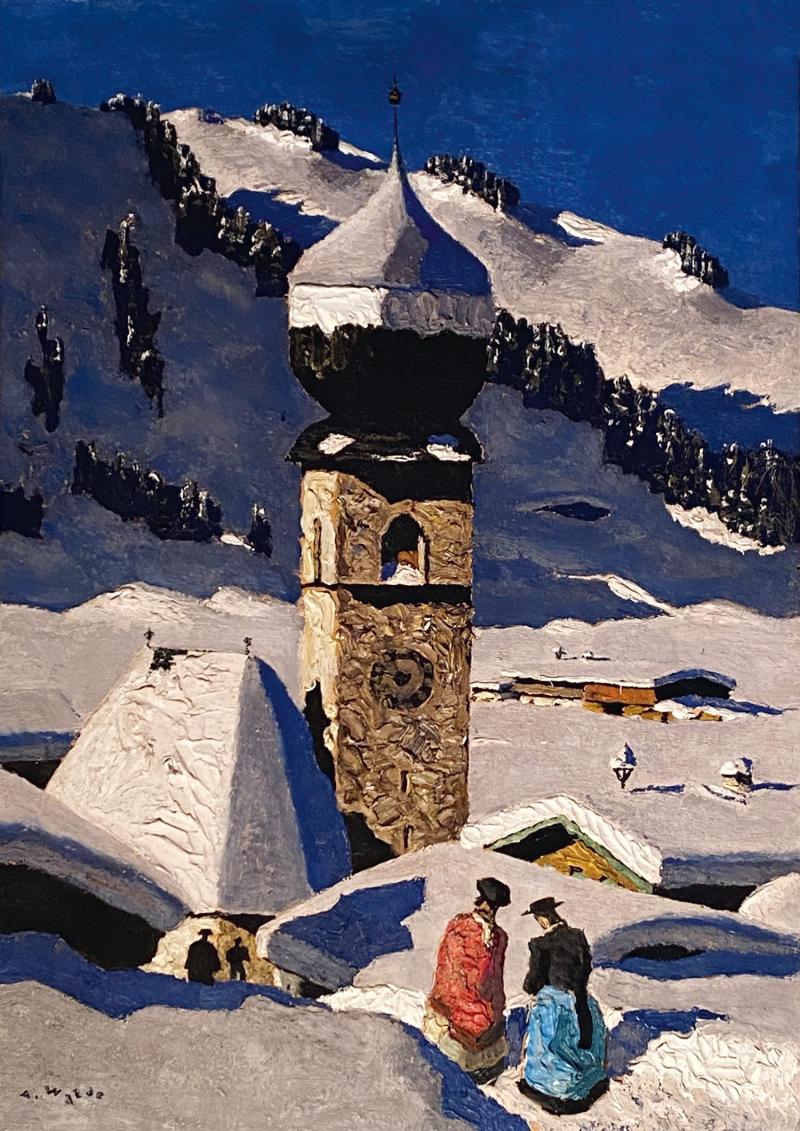 Alfons Walde (Oberndorf 1891–1958 Kitzbühel) "Tiroler Bergdorf" (Auracher Kirchl), 1947, Öl auf Karton, 39 x 29,2 cm, erzielter Preis € 286.000