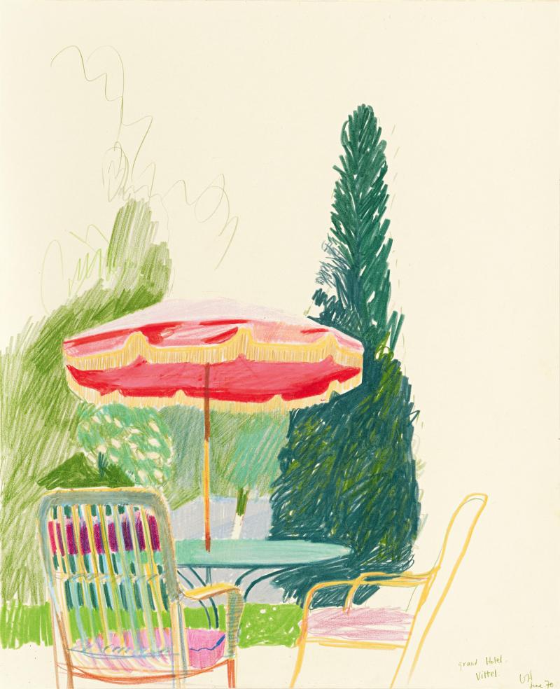 David Hockney Grand Hotel Terrace, Vittel. 1970. Farbstift und Wachsfarben auf Karton. 43,2 x 35 cm Ergebnis 504.000 Euro