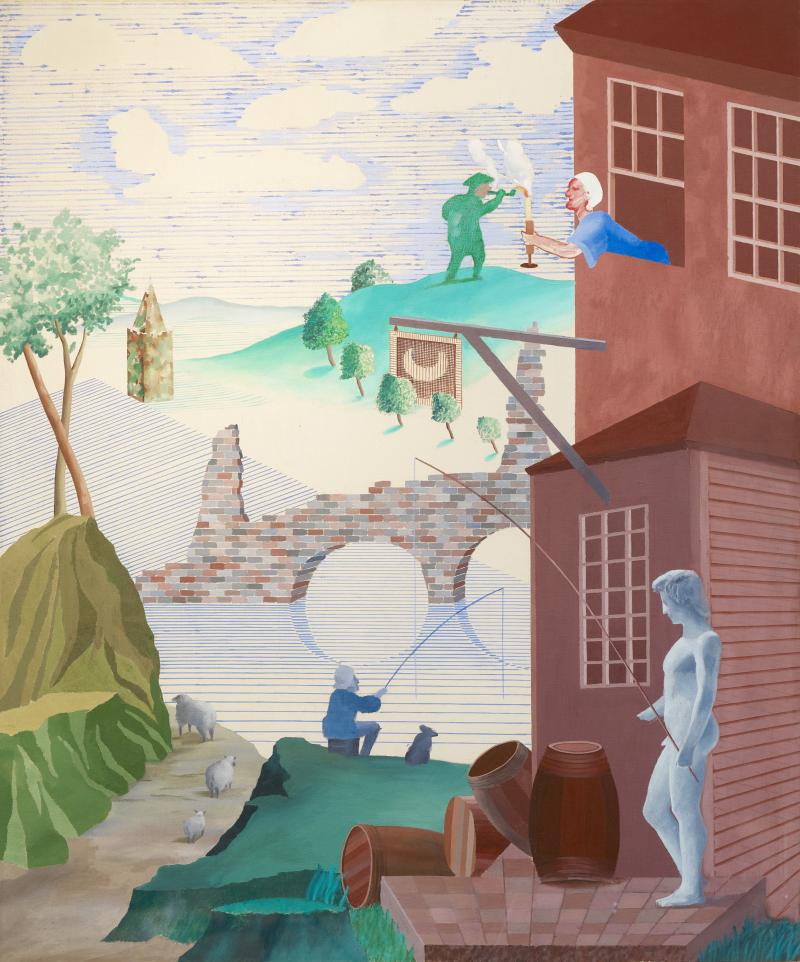 David Hockney Kerby (nach Hogarth) Nützliches Wissen, 1975, Öl auf Leinwand © David Hockney, Photo Credit: Prudence Cuming Associates, Collection Museum of Modern Art (MOMA), New York