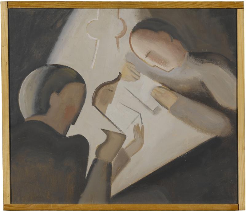 Willi Baumeister Lesende unter der Lampe I, 1914 Öl auf Karton, 48 x 58 cm Staatsgalerie Stuttgart © VG Bild-Kunst, Bonn 2023 Foto: Archiv Baumeister im bpk / Staatsgalerie Stuttgart