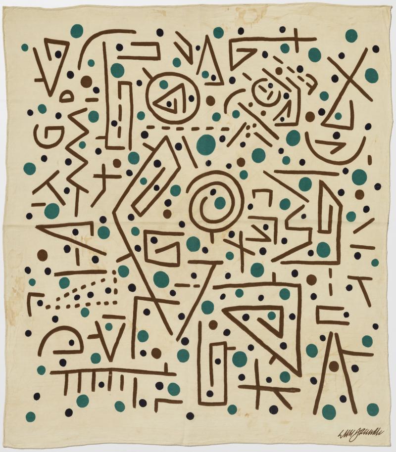 Willi Baumeister Schal PERU auf gelblich-ockerfarbenem Fond, 1948 Kunstfaser, Kreppbindung, 72 x 63 cm Archiv Baumeister im Kunstmuseum Stuttgart © VG Bild-Kunst, Bonn 2023 Foto: bpk / Kunstmuseum Stuttgart