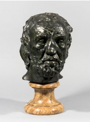 Galerie Nicolas Bourriaud: Auguste Rodin (Frankreich, 1840-1917), Der Mann mit der gebrochenen Nase, Maske –Typ II 2. Modell (1903), Bronze mit schwarzgrüner Patina, H 25,5 x B 20 x T 21,5 cm