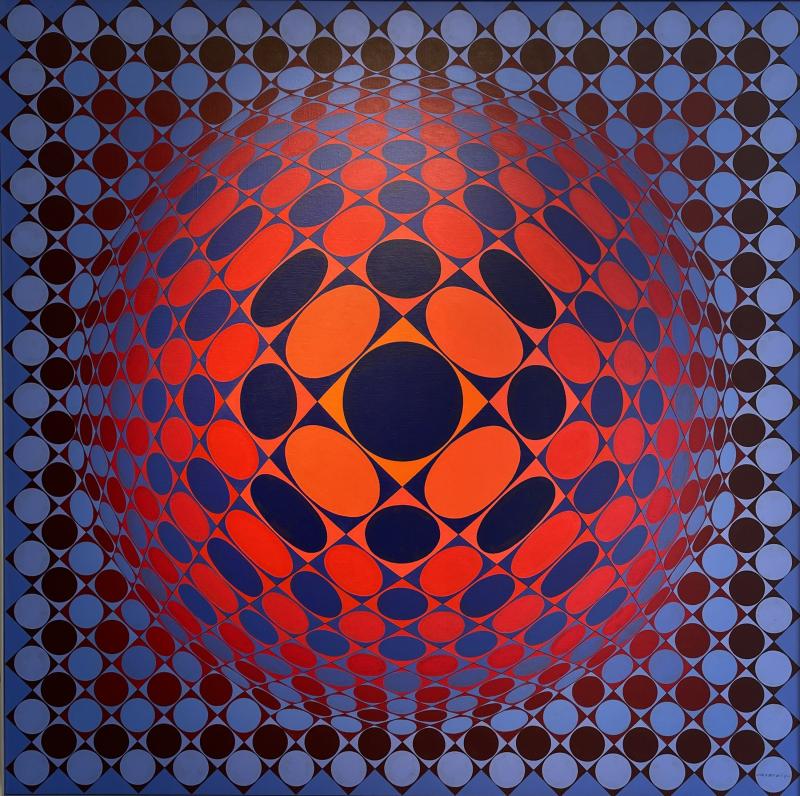 Galerie Hurtebize  Victor Vasarely (Pecs 1908-1997 Paris) Vega-Sakk, 1968-1971 Oil on canvas 120 x 120 cm Signed lower right Certificated by the artist Provenance: private collection, France