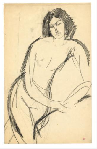 Amedeo Modigliani Femme nue s’appuyant sur l’avant-bras gaucheCirca 1910Pencil on wove paperWith Dr. Paul Alexandre stamp, and the number 8643 x 26.7 cm PHOTO COURTESY AGNEWS WORKS ON PAPER, BRUSSELS.