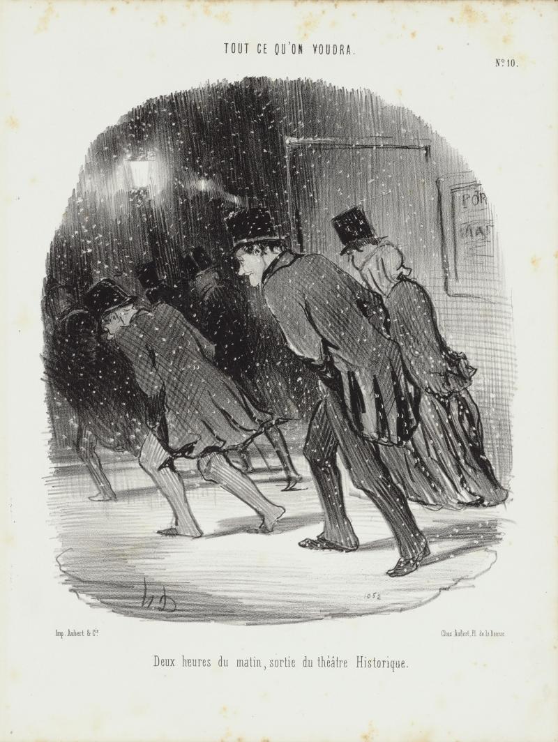 Honoré Daumier (1808–1879) Deux heures du matin, sortie du Théâtre historique (Zwei Uhr morgens, am Ausgang des historischen Theaters), 1847 Kreidelithografie, geschabt, sur blanc 337 x 255 mm © Privatsammlung