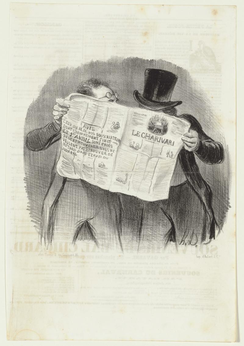 Honoré Daumier (1808–1879) La lecture du Charivari (Die Lektüre des Charivari), 1840 Kreidelithografie (Zeitungsdruck) 367 x 249 mm © Privatsammlung