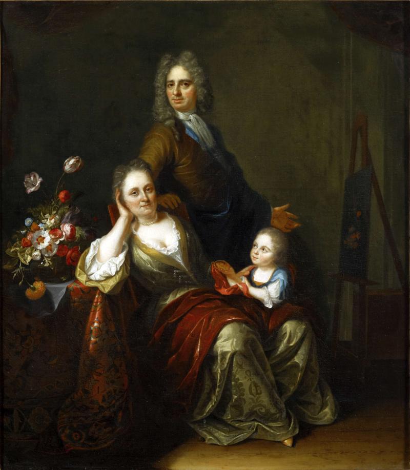 Juriaen Pool (1666–1745) und Rachel Ruysch (1664–1750), Selbstporträt von Juriaen Pool II mit seiner Frau Rachel Ruysch und dem gemeinsamen Sohn Joan Willem Pool, vor 1716 Öl auf Leinwand 71 x 62,5 cm Inventarnummer B 2880 Stadtmuseum Düsseldorf © Stadtmuseum Düsseldorf