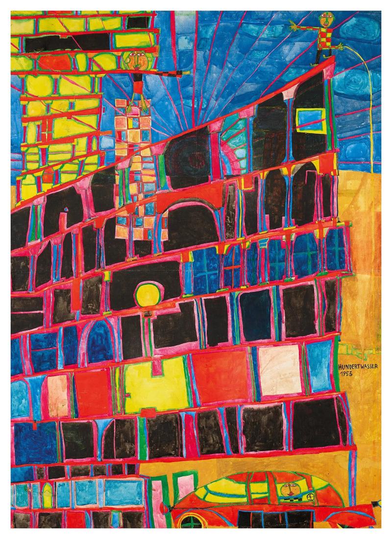 Friedensreich Hundertwasser  "Arkadenhaus und Gelber Turm", 1953 Aquarell auf Papier, Kreidegrund, Zinkweiß und Fischleim auf Leinwand, 123 x 89,5 cm,  Bild: Galerie Sylvia Kovacek Spiegelgasse Gemälde Glas