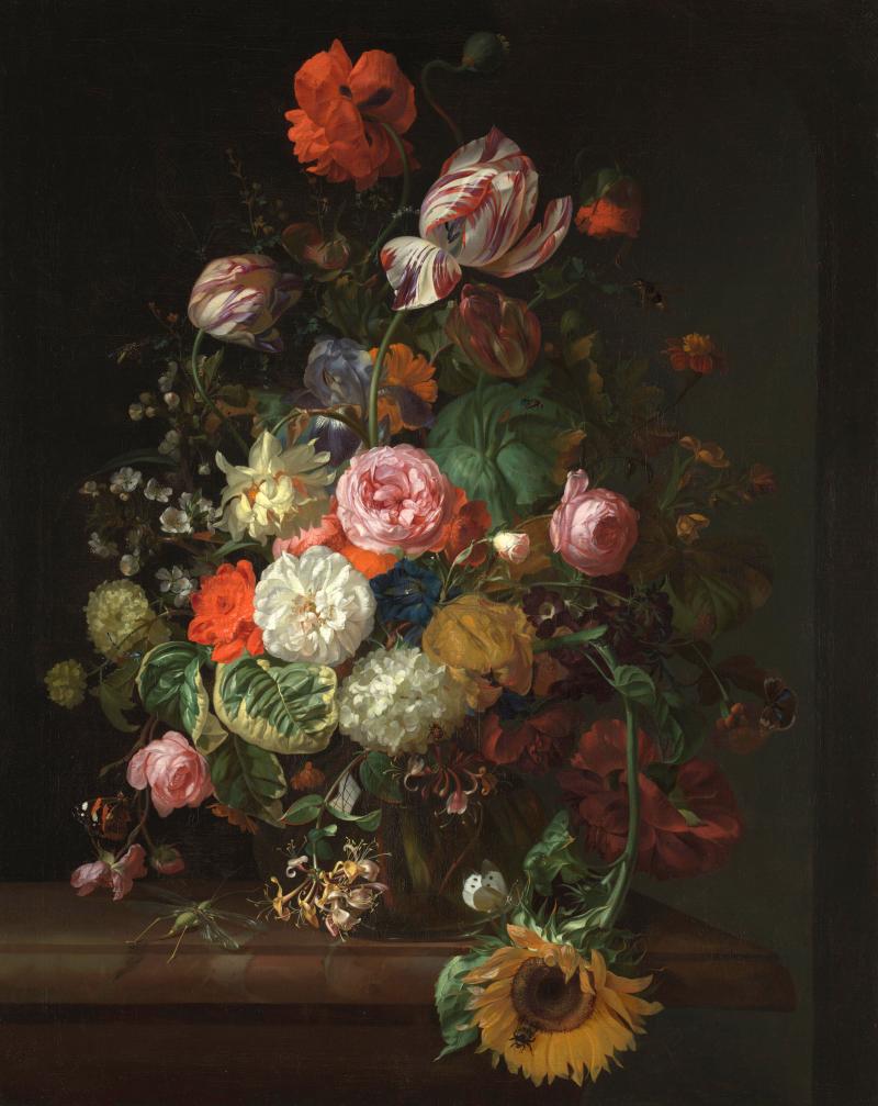 Rachel Ruysch (1664-1750) Stillleben mit Rosen, Tulpen und Sonnenblume, 1710 Öl auf Leinwand 88,9 × 71,1 cm Inventarnummer L1317 The National Gallery, London On loan from the collection of Janice and Brian Capstick © Private Collection