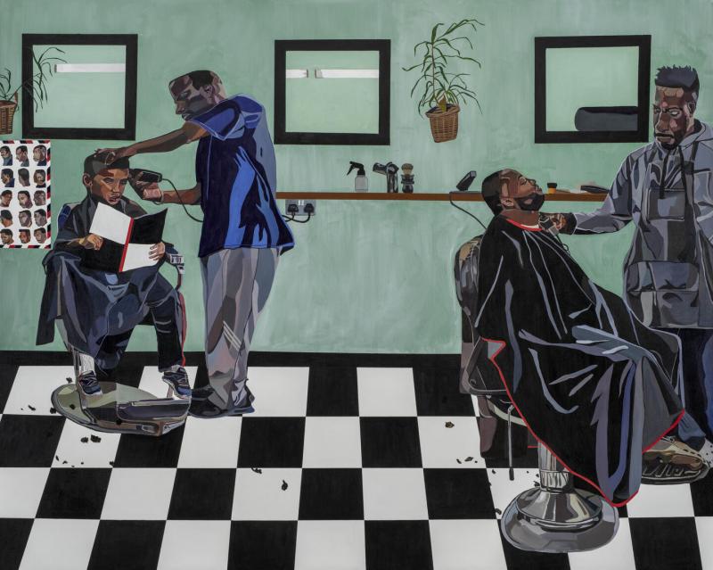 Joy Labinjo, Barbershop, 2023. Oil on canvas, 200 × 250 cm. Photography by Deniz Guzel, courtesy of the artist and Tiwani Contemporary