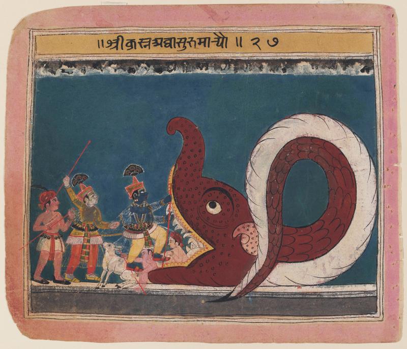 Krishna bezwingt den Dämon Agha  Folio 27 aus der «Bir Singh-Bhagavata Purana-Serie» (zu BhP 10.12.1–39), Indien, Bundelkhand, Orchha, ca. 1605–1615, Geschenk Eberhard und Barbara Fischer, Museum Rietberg, Zürich (2023.16)