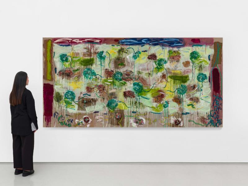 Joan Snyder  Even A Melon Field,  2020–2023  Oil, acrylic, paper mache, burlap, silk, paper, cloth flowers, mud, straw on linen  137.16 x 274.32 cm (54 x 108 in)