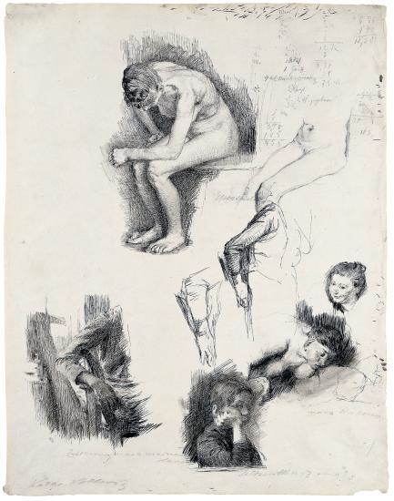 Käthe Kollwitz, Studienblatt mit Skizzen nach Rubens und Selbstbildnis, um 1890/91