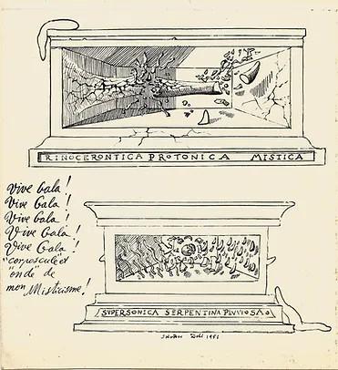 Salvador Dali, Indian ink on paper. Signed and dated "Salvador Dalí 1951" Studies for the illustrations of pages XIX and XXX of his Mystical Manifesto.  Splendid surrealist drawing by the Catalan painter showing two altars with atomic decorations perfectly emblematic of his period of corpuscular Mysticism. With autograph mentions : Vive Gala ! Vive Gala ! Vive Gala ! Vive Gala !