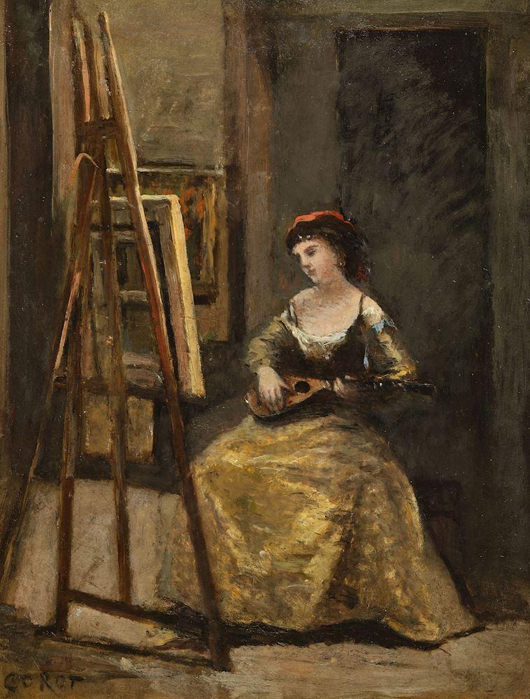 Lot 3210 JEAN-BAPTISTE CAMILLE COROT Jeune femme jouant de la mandoline dans l'atelier. Öl auf Holz.  CHF 120 000 / 180 000