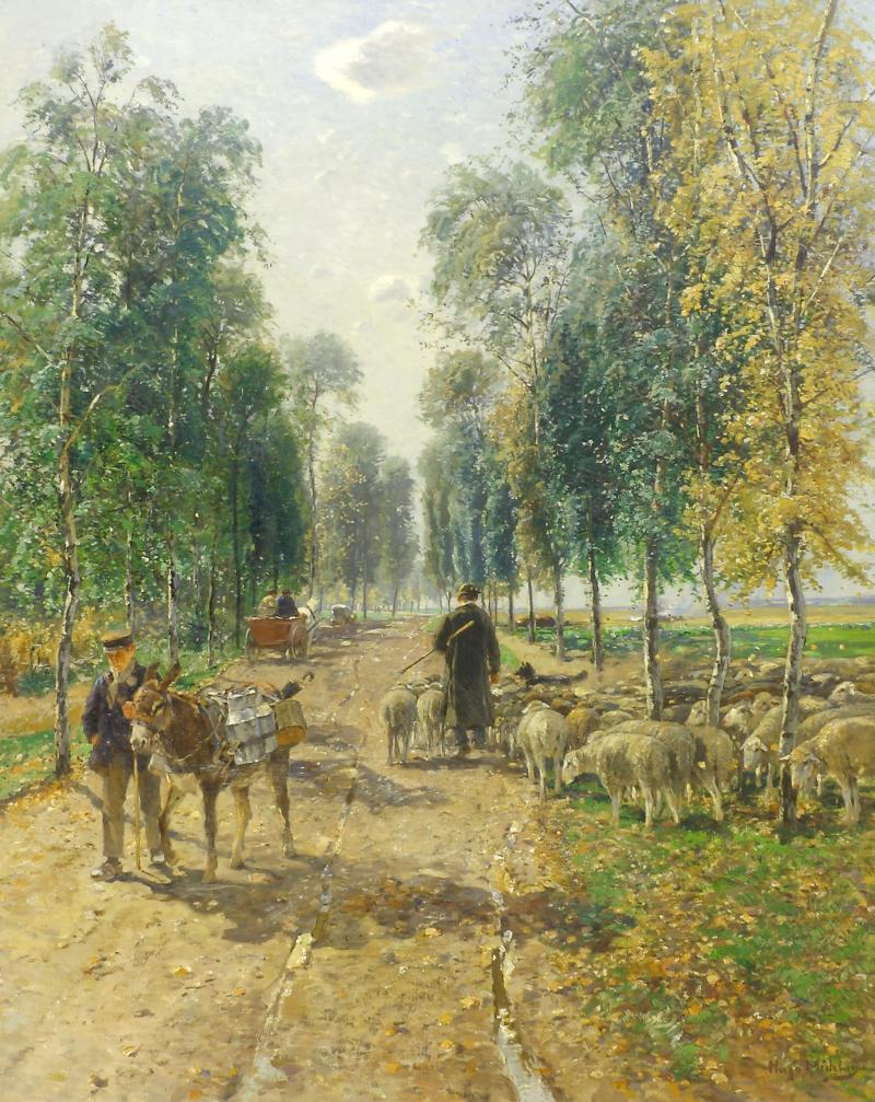 Mühlig, Hugo (1854 Dresden - 1929 Düsseldorf) Sommerliche Landstraße mit Schafherde, Hirt, Esel und Pferdefuhrwerk. Öl auf Leinwand, doubliert. 86,5 x 70,4 cm. Rechts unten signiert. Gerahmt.