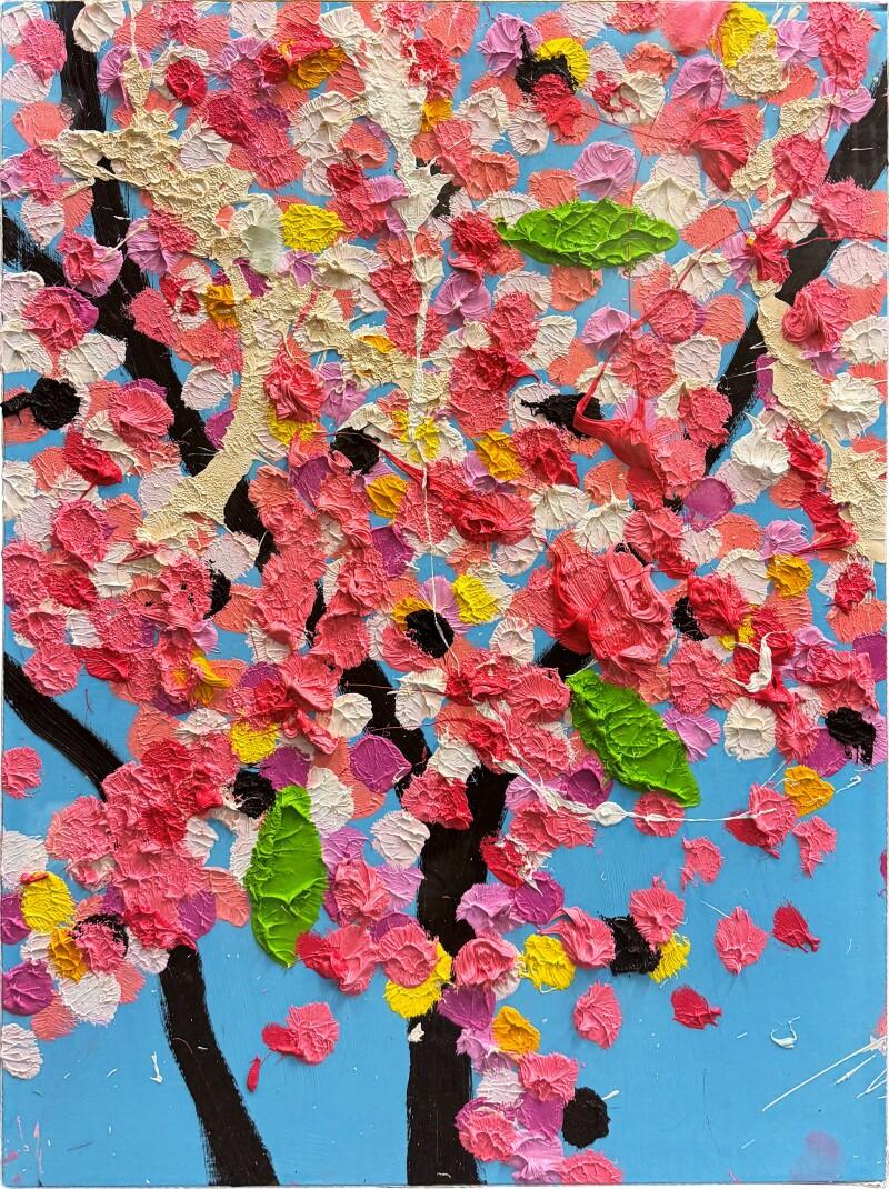 Damien Hirst  Rejoicing Blossom  signed, titled and dated 2021 (on the reverse)  oil on card mounted on birch ply frames, with canvas webbing around the edges  23½ by 16⅝ in.  59.7 by 42.2 cm.  Executed in 2021.