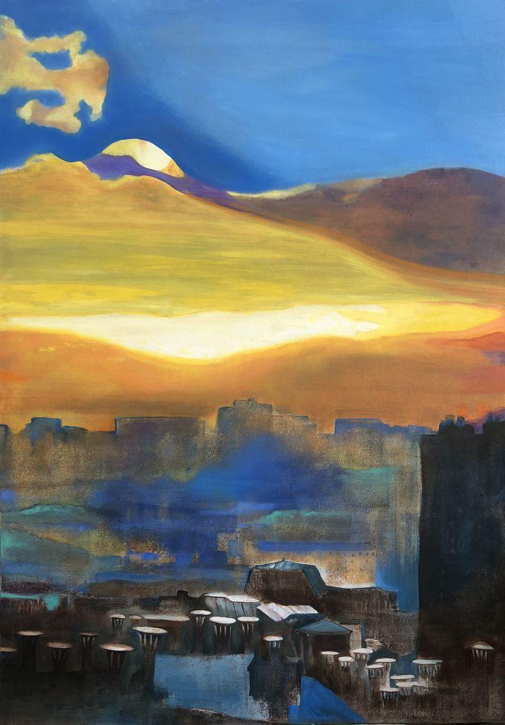 Daphné Dorel, “City”, 2023, Tempera und Öl auf Leinwand 162 x 114 cm