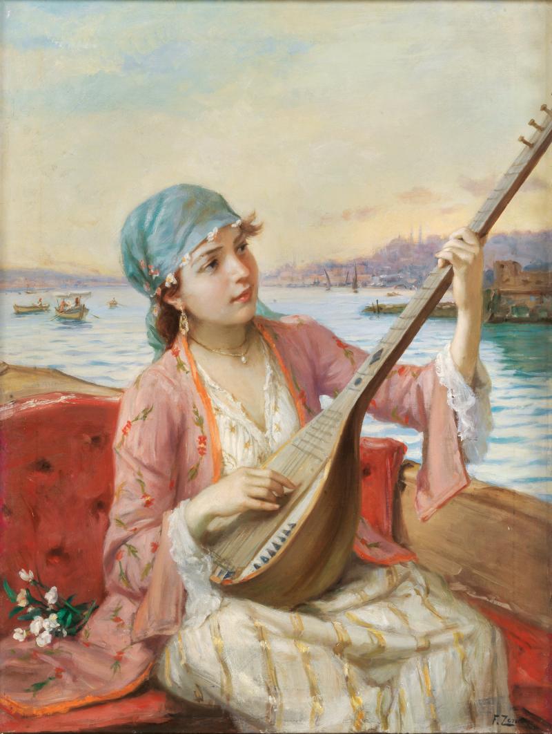 Fausto Zonaro (1854–1929) Lautenspielende Odaliske am Bosporus, 85 x 64 cm, Auktion 25. April 2024, Schätzwert € 240.000 – 280.000