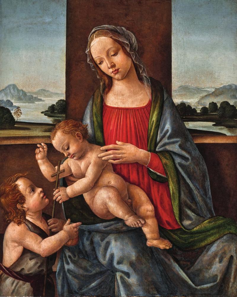 Mitarbeiter des Alessandro di Mariano Filipepi, gen. Sandro Botticelli (1444/45–1510), Madonna mit Kind und Johannesknaben, Öl auf Holz, 82 x 66,5 cm, erzielter Preis € 663.875