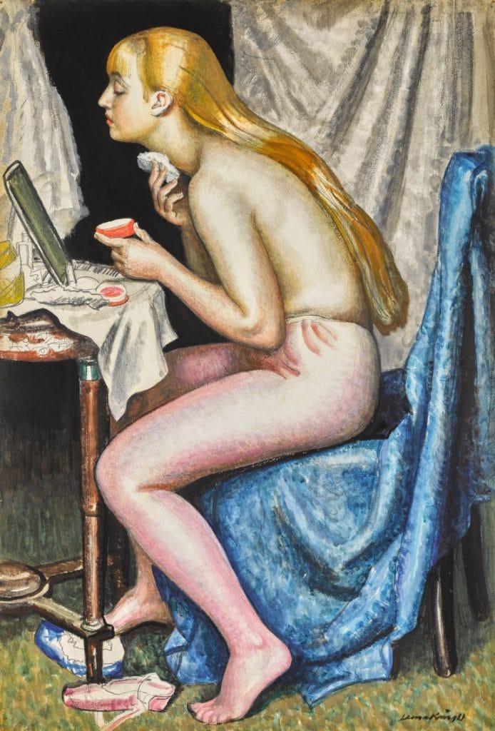 GALLERIES/Karen Taylor Fine Art, Dame Laura Knight, R.A. (1877-1970)  No. 1 Dressing Room, c. 1947  Watercolour over pencil  560 × 380 mm. (22 × 15 in.)