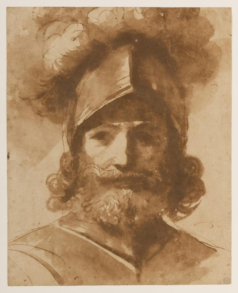 GALLERIES/Stephen Ongpin Fine Art, GIOVANNI FRANCESCO BARBIERI, called IL GUERCINO (1591-1666)  The Head of a Bearded Soldier in a Plumed Helmet, c.1620s  Brush and brown wash, pen and brown ink.  267 × 215 mm. (10 ½ × 8 ½ in.)