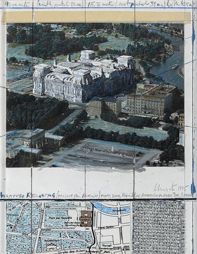 Christo (1935 – 2020)  „Wrapped Reichstag“, 1995. Mischtechnik auf Karton. Signiert und datiert.  28 x 22 cm  Schätzpreis: € 28.000 – € 35.000