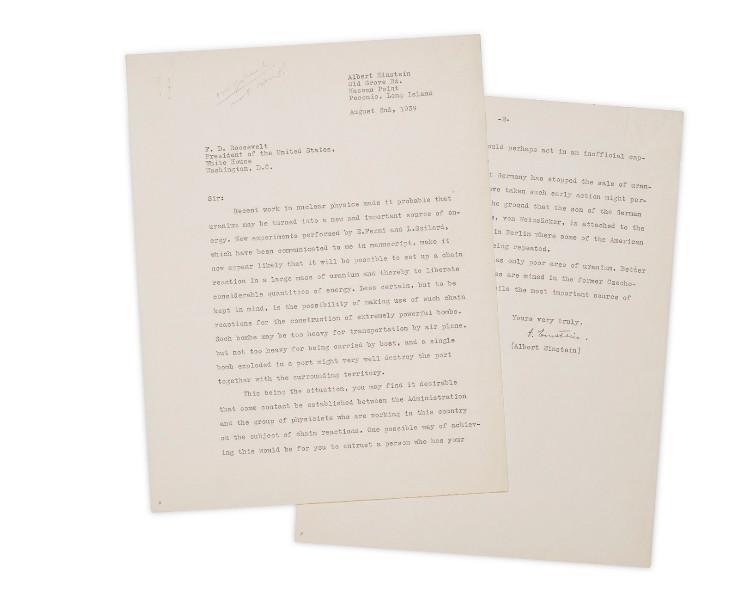 Albert Einstein (1879-1955), A typed letter signed to President Franklin Delano Roosevelt, 2 August 1939, with penciled note by Leo Szilard at top: ‘Original, not sent!’ Estimate: $4,000,000– 6,000,000. Offering in Pushing Boundaries: Ingenuity from the Paul G. Allen Collection on 10 September 2024 at Christie's in New York