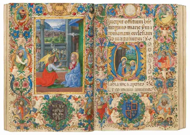 Hours of Isabella d’Este, use of Rome. Manuscript in Latin, illuminated by Gherardo and Monte di Giovanni del Fora. Italy, Florence, c. 1490. 130 x 87 mm, 240 leaves, vellum, text complete. With 5 large historiated initials and borders, 4 full-page miniatures in full borders. Showing fol. 13v, Annunciation scene and fol. 14r, Nativity scene in a historiated initial D.   Courtesy of Dr. Jörn Günther Rare Books