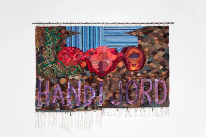 Hand i Jord  Tapestry woven of rags, yarn, cotton, silk, wool, viscose, vhs-tape, 2023 Enquire