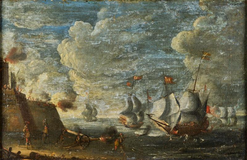 Lot 810 Aert Antonisz gen. Antum attr. 1580 Antwerpen - 1620 Amsterdam.  Öl/Holz. Seegefecht. Küstenlandschaft mit die Bastion verteidigenden Soldaten. Limit:	5000,- EURO