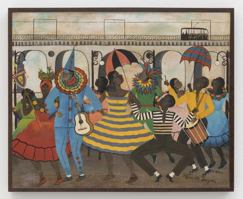 Heitor dos Prazeres, Carnaval no arcos, 1966, Oil on canvas, 23 5/8 x 28 3/4 in, Ding Musa | Courtesy Galatea & Simões de Assis. Squeak Carnwath, Dick & Jane, 1996, Oil and alkyd on canvas, 76 x 102 in, Courtesy of the Artist and Jane Lombard Gallery.