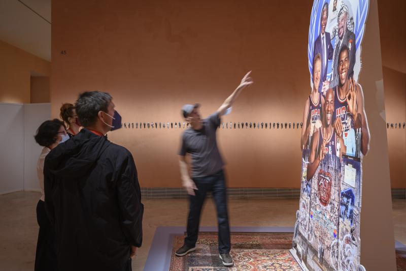 Walid Raad on his walkthrough in front of‘Frontispiece IIIa: The Peaces’, 2021Photo © Moritz Bernoully. Courtesy TBA21 Thyssen-Bornemisza Art Contemporary, © Walid Raad